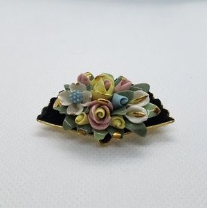 Capodimonte Brooch Pin Rose's, Lilies and flowers fan Vintage Italian